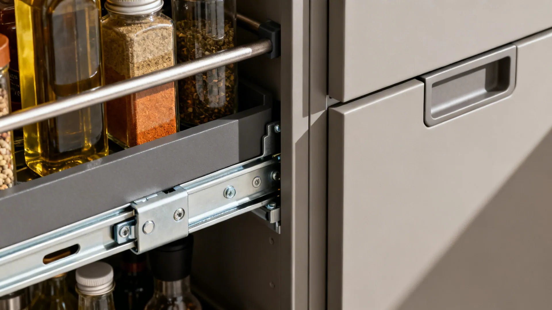 Close-up of a slim pull-out pantry with soft-close hardware and adjustable shelves for spices.