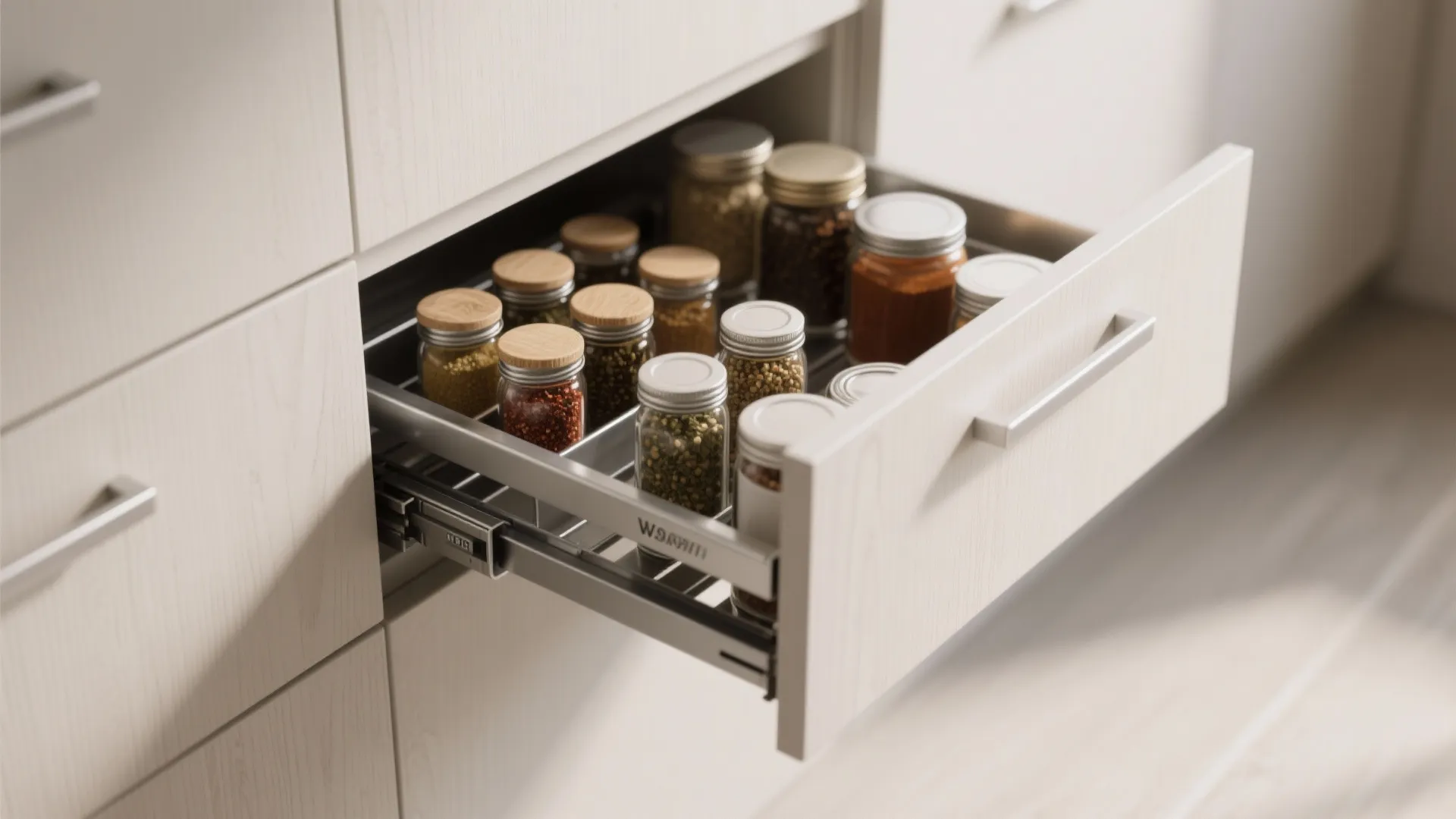 Minimalist kitchen storage with concealed systems