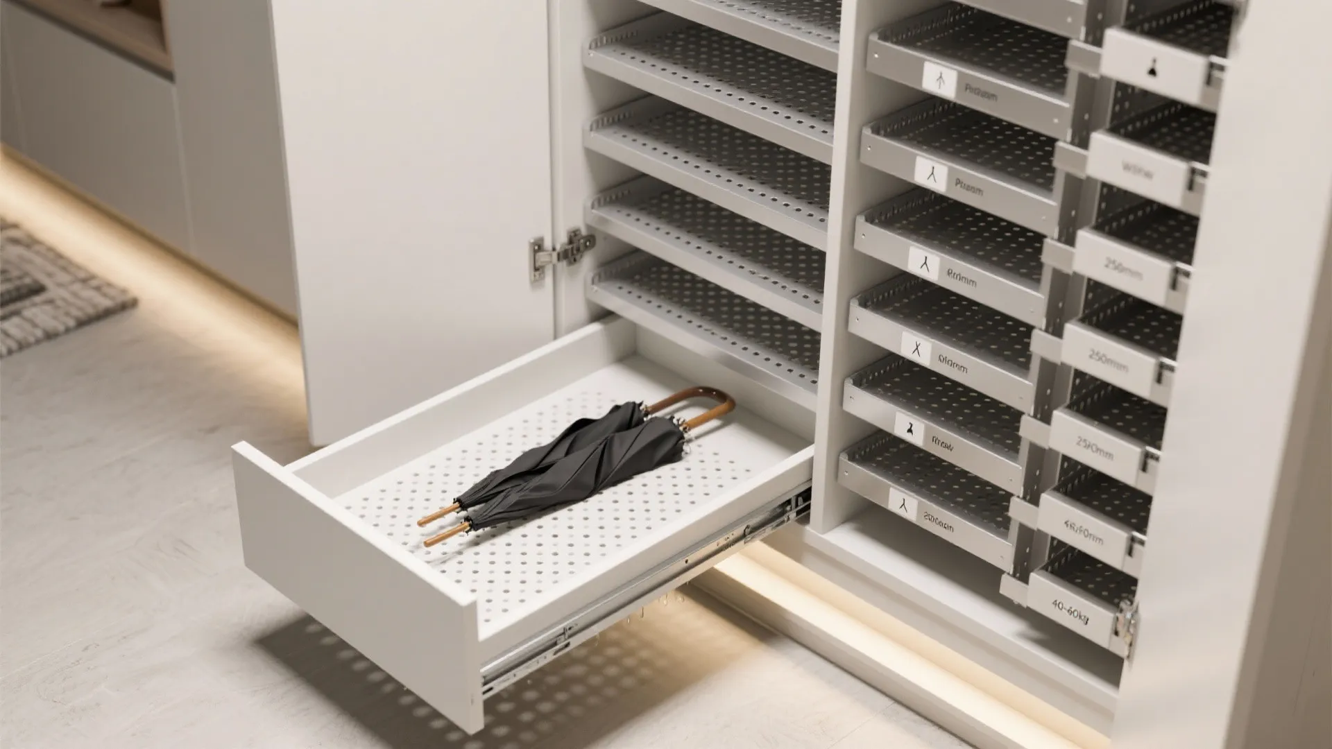 Pull-out vertical modules for shoes and umbrellas