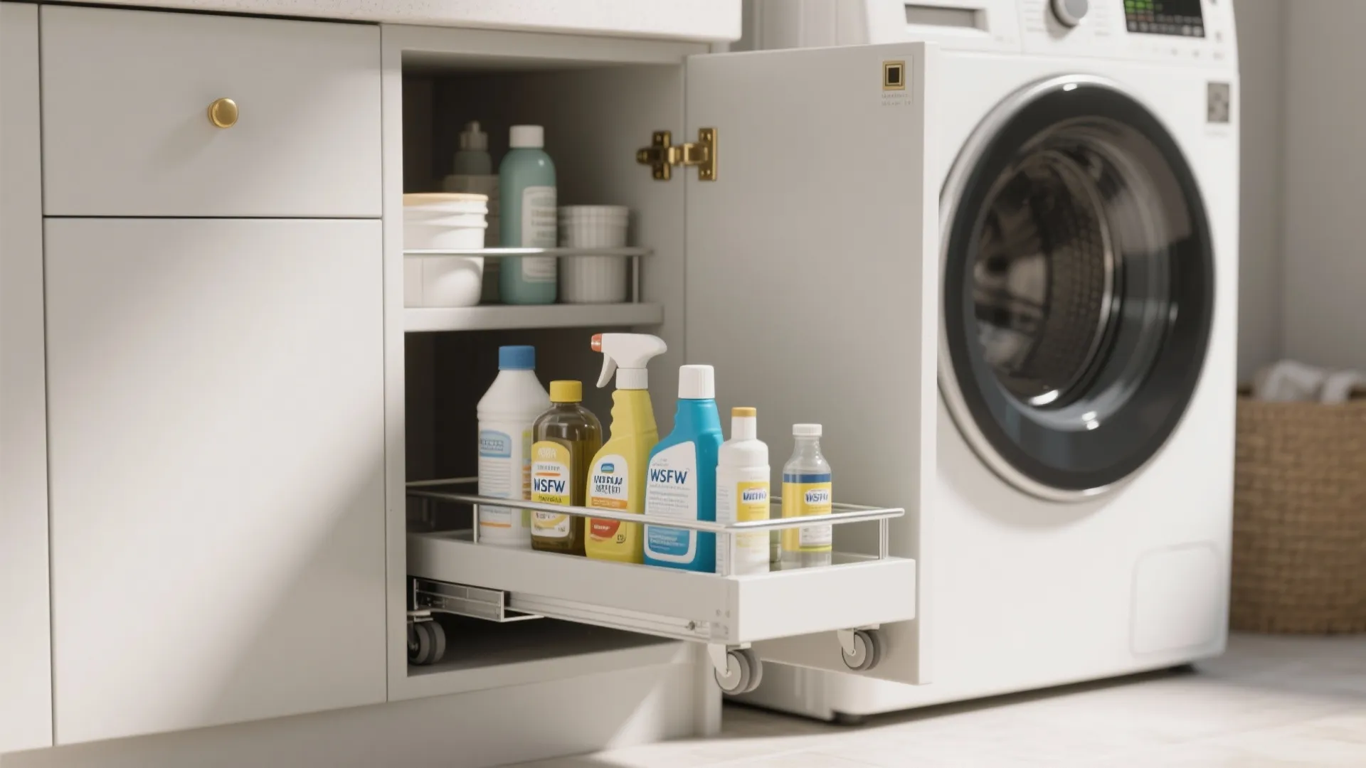 Pull out cabinet storage rack with cleaning bottles next to a white front load washer