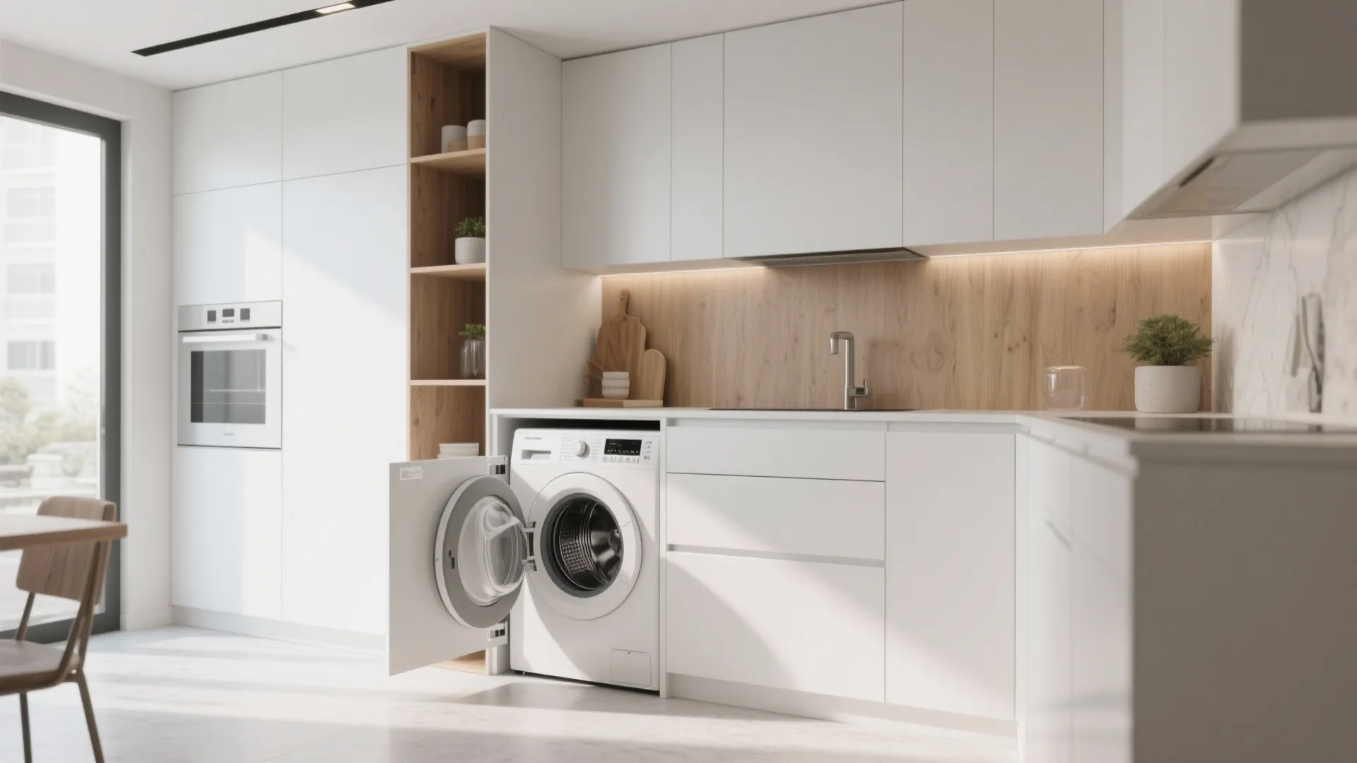 White kitchen featuring a washing machine with open door placed inside a white cabinet niche
