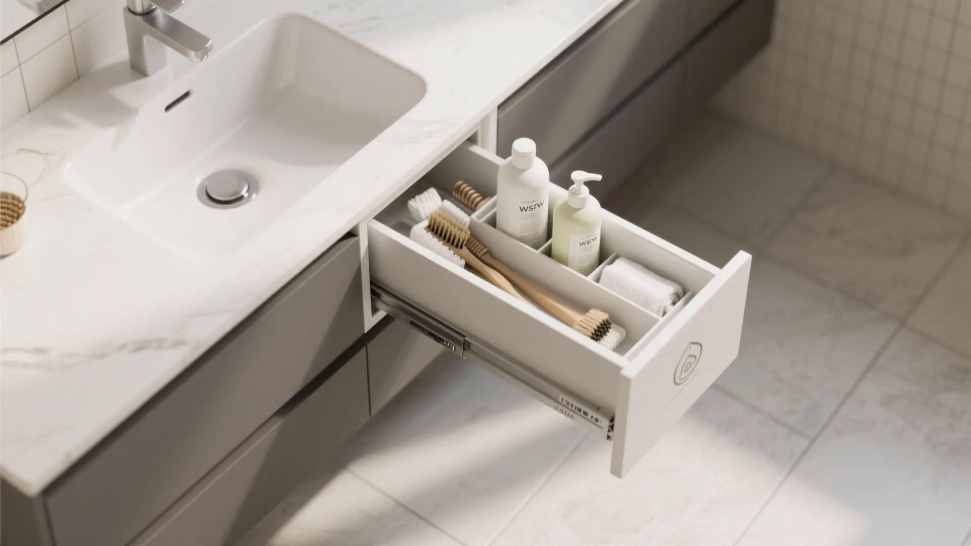 5. Narrow Double-Function Vanity with Pull-Out Organizer