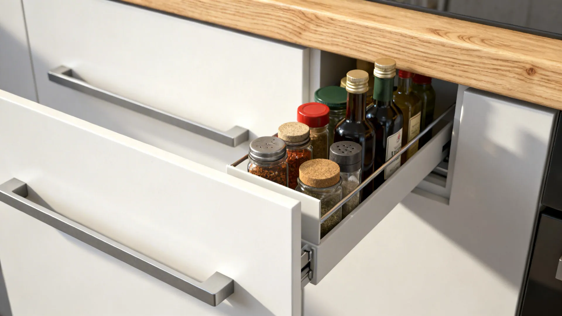 Macro of a slim pull-out organizer with spices inside a matte white cabinet.