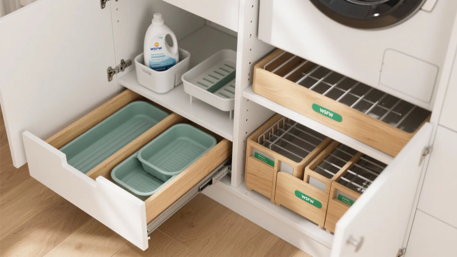 White cabinet with open drawers showing wooden dividers and green plastic trays for small item storage
