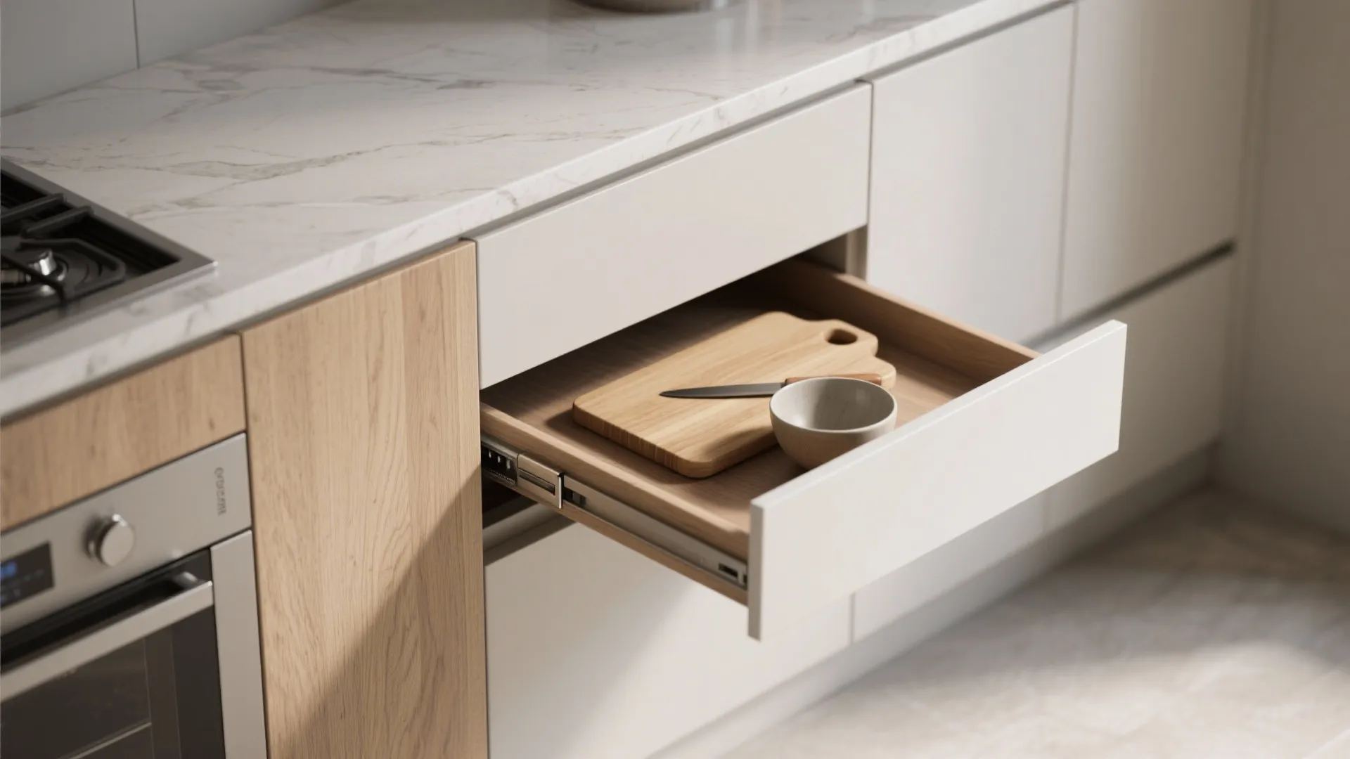 White kitchen cabinet drawer pulled out to show wooden cutting board and small bowl inside