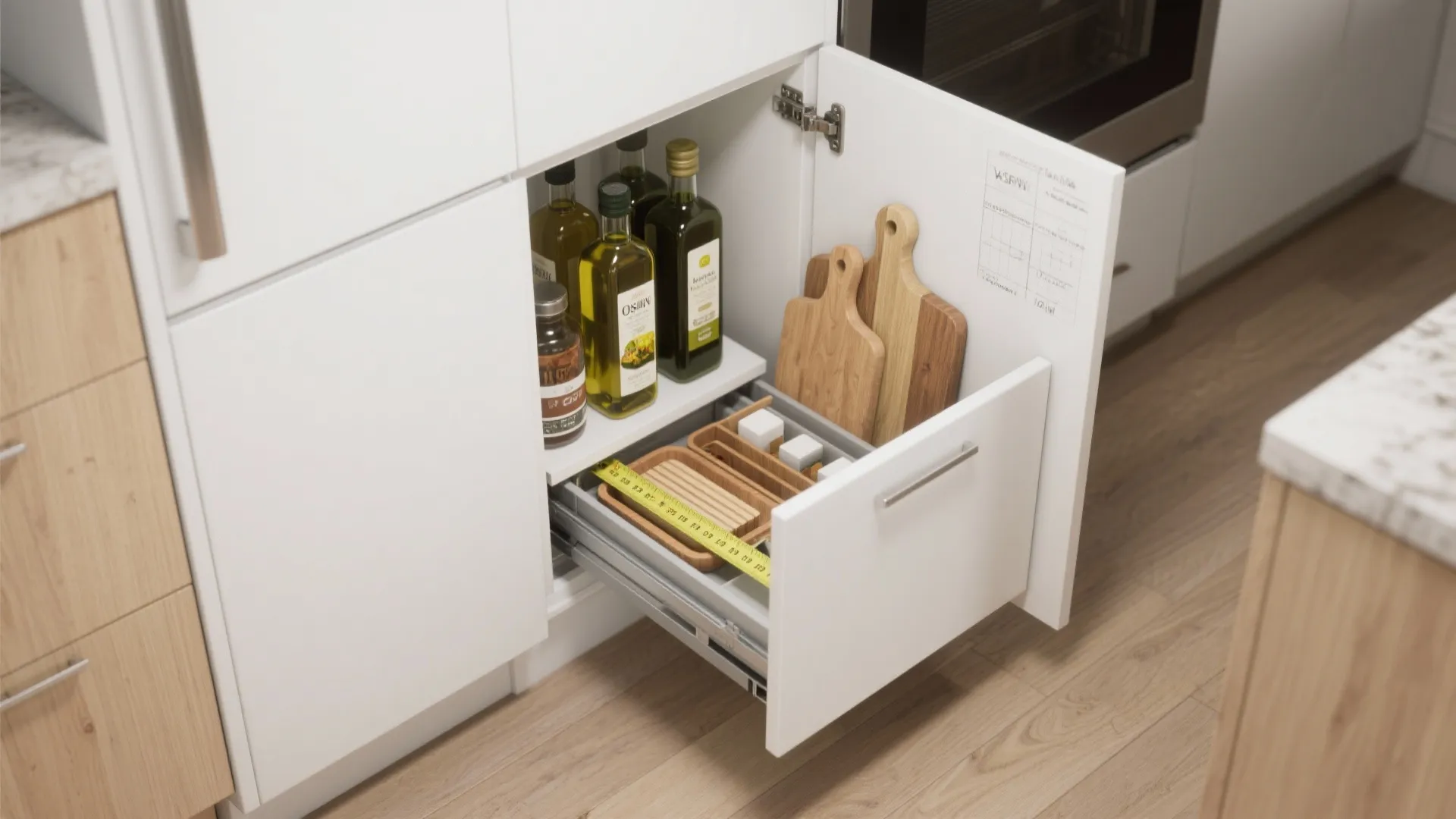 Modern white kitchen cabinet with open pull out drawer storing oil bottles and wooden boards