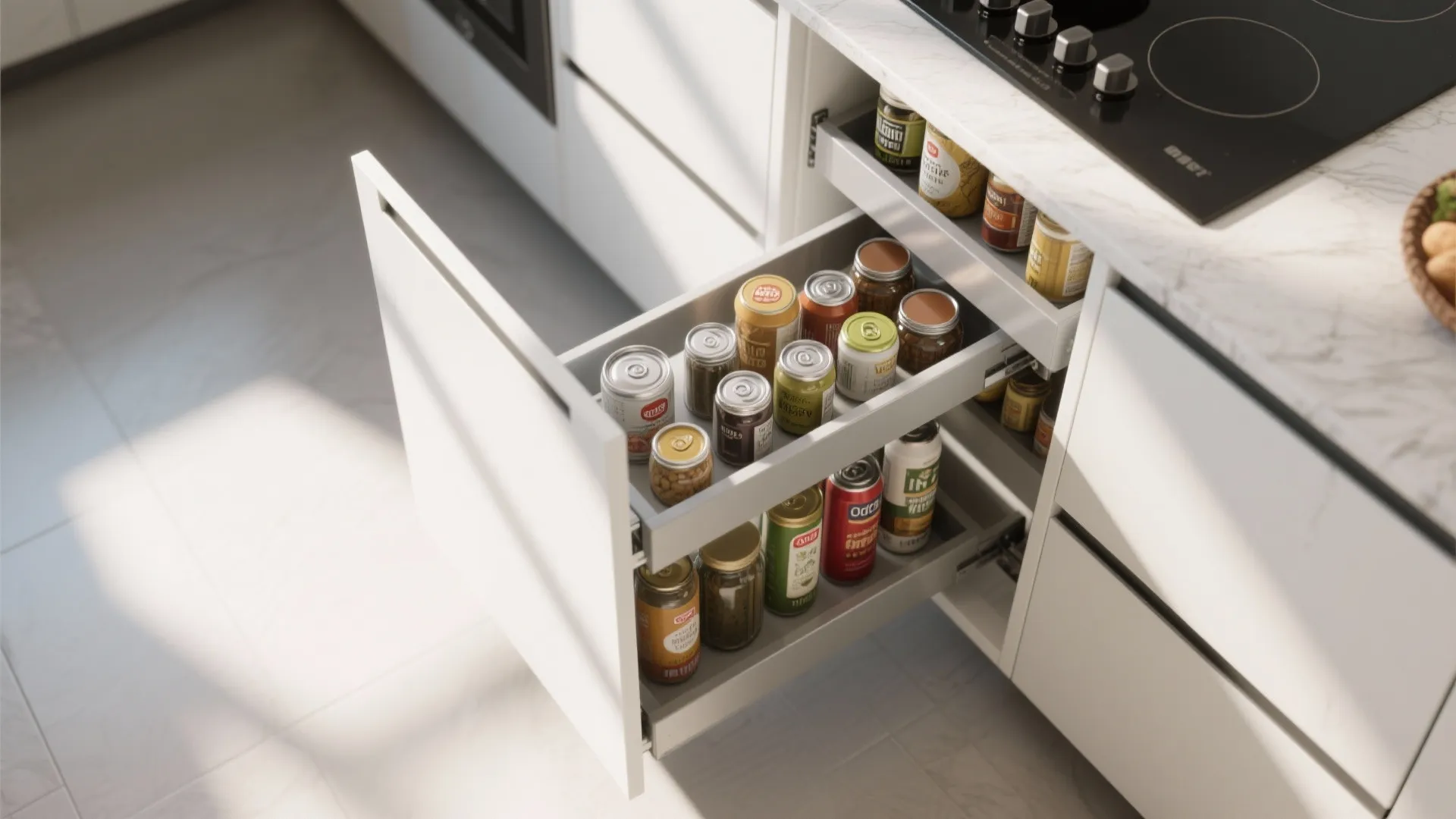 Open white kitchen cabinet drawer with tiered storage racks holding various food cans and jars