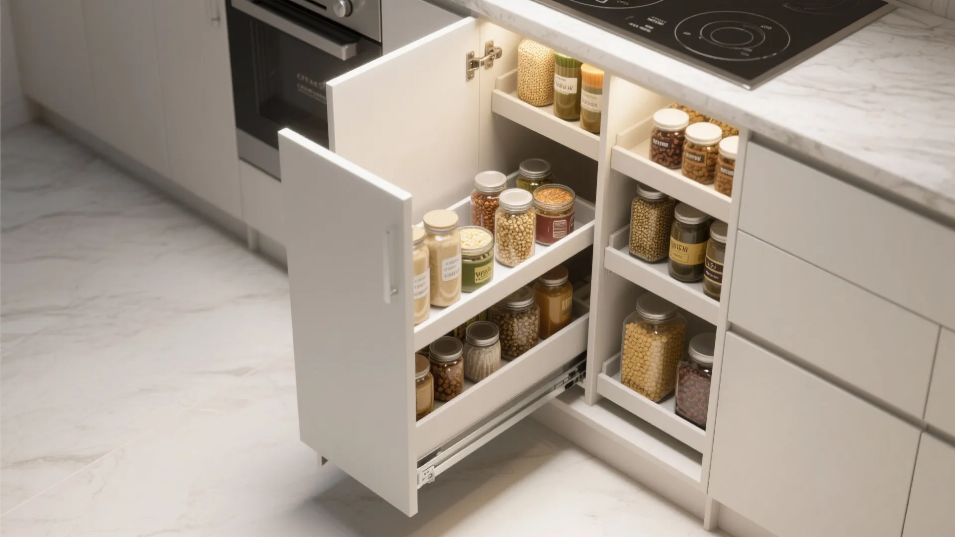 Modern white kitchen cabinet with pull out shelves storing various glass jars of dried food