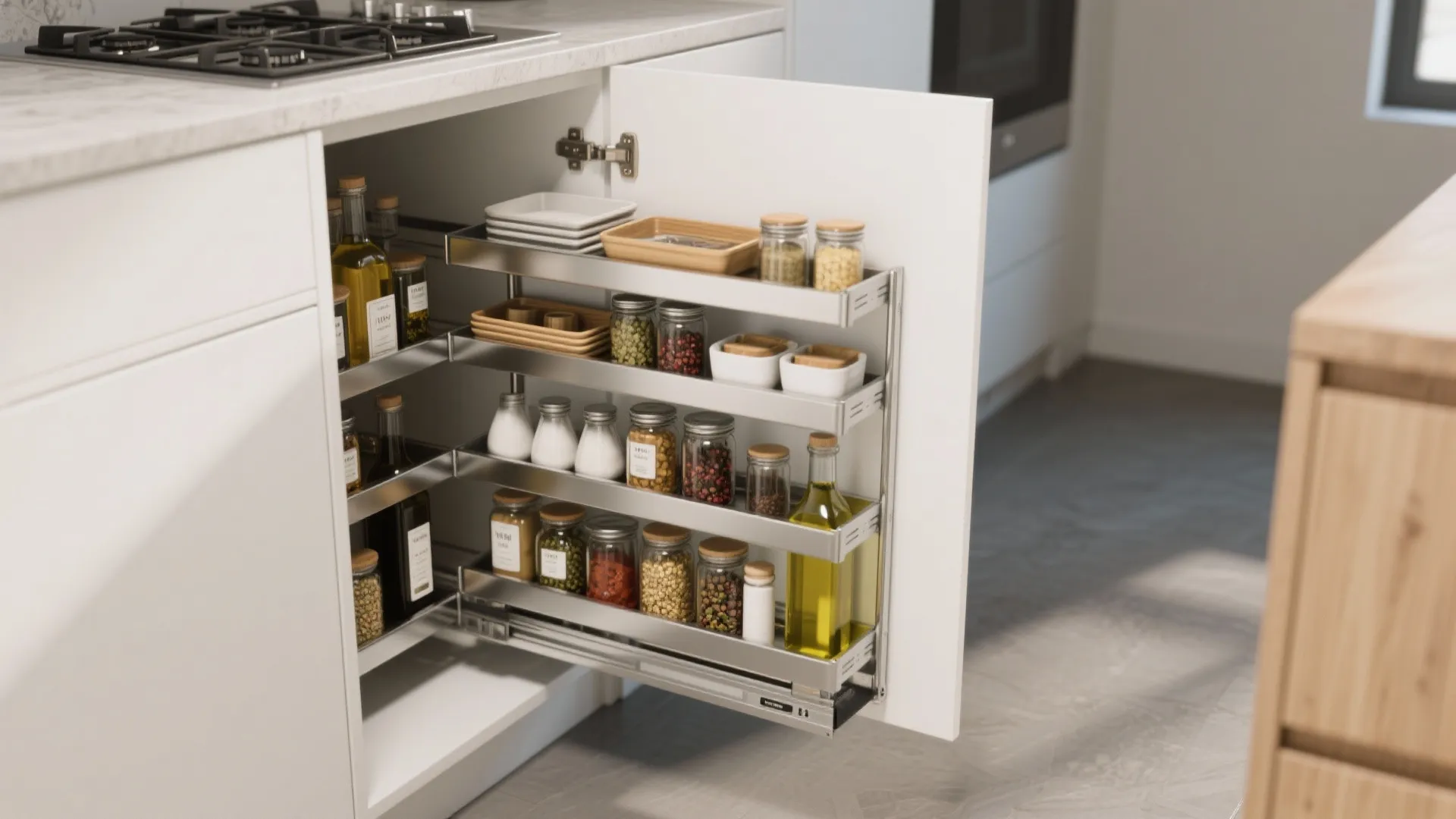 Pull out kitchen cabinet shelf organized with glass spice jars oil bottles and white boxes