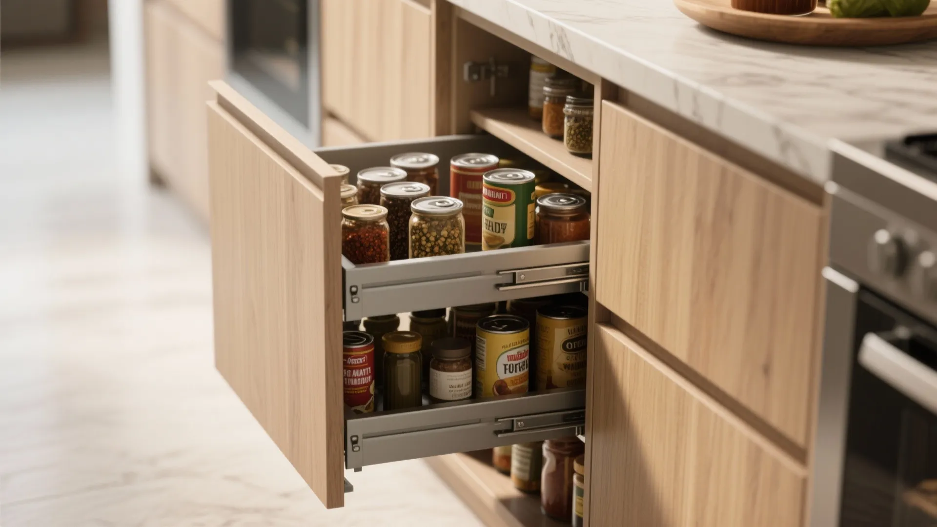 Wooden kitchen cabinet with a pull out drawer filled with various spice jars and food