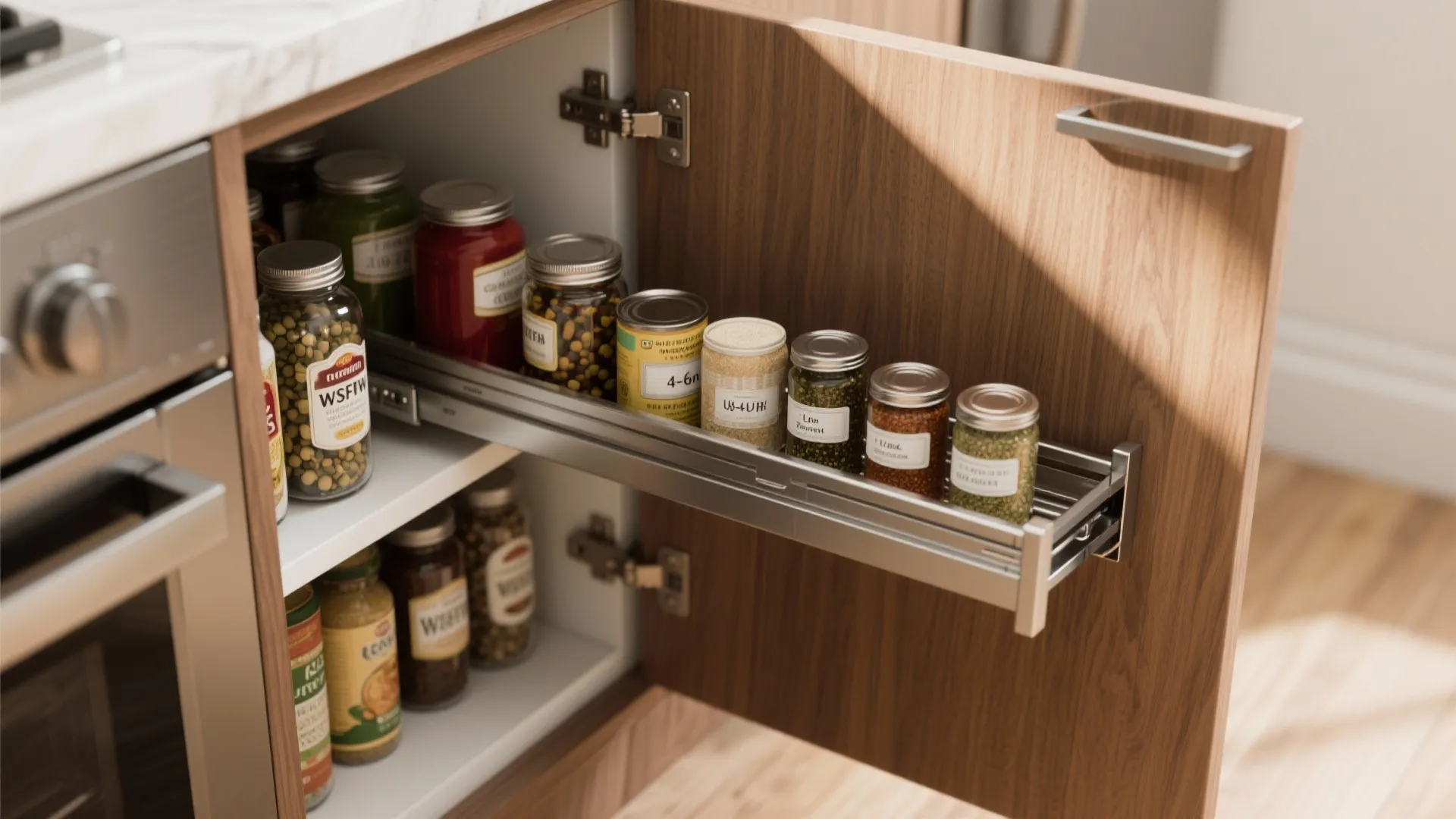 Close-up of a slim pull-out pantry showing full-extension soft-close slides, spice pull-outs and labeled jars.