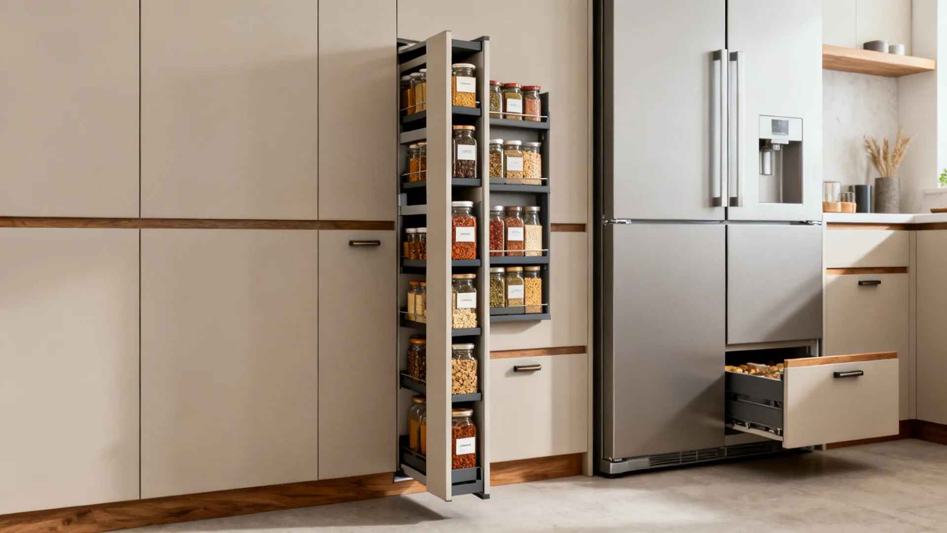 Slim pull-out tall pantry extended with organized spices and dry goods in a small kitchen.