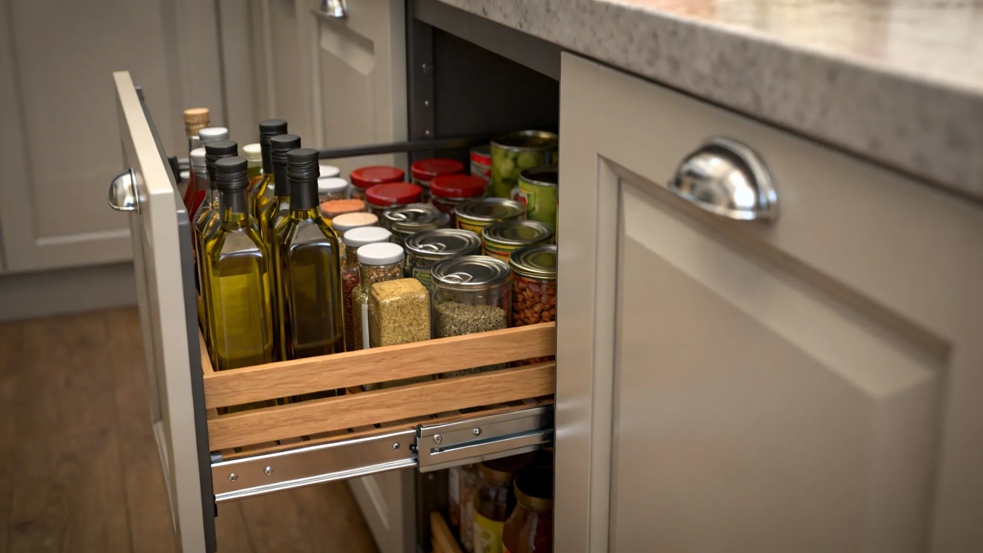 Narrow pull-out pantry extended showing organized oils, spices and canned goods.