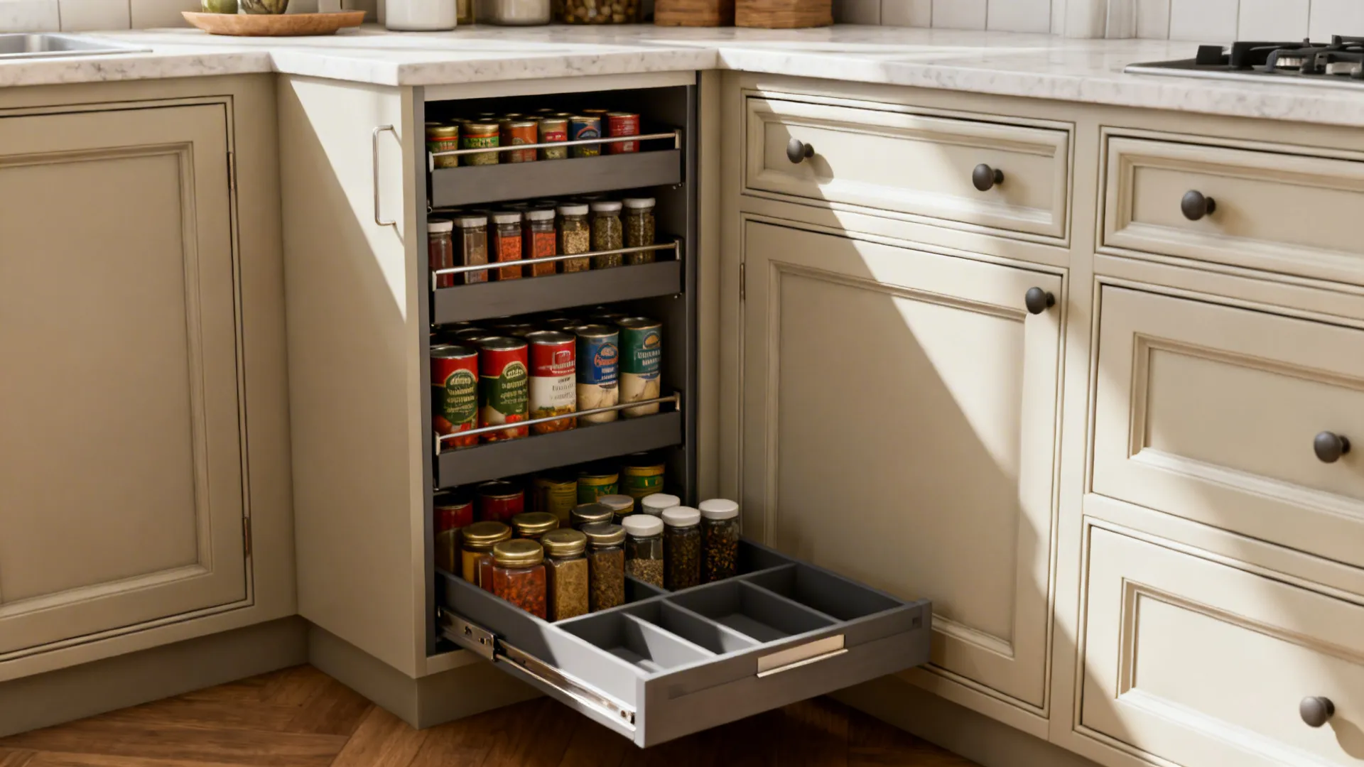 Slim pull-out pantry and corner drawers open to show organized storage