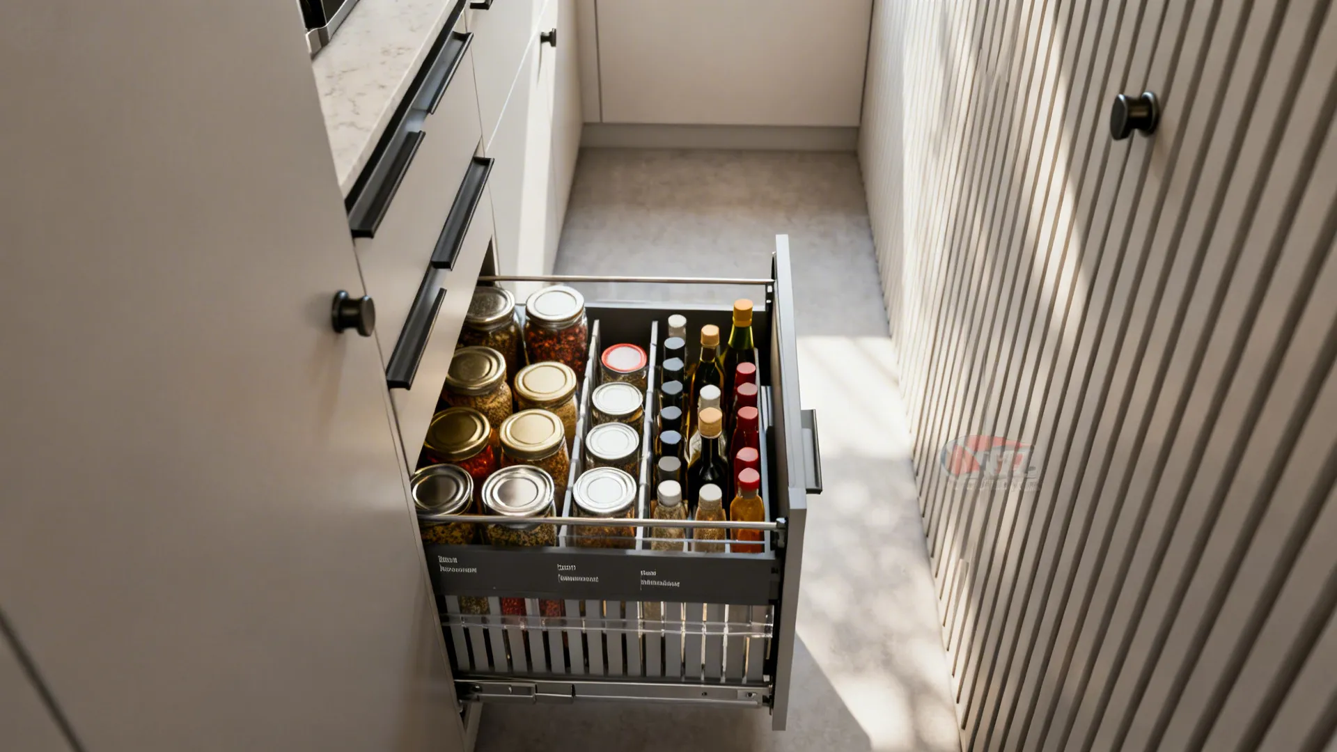 Top-down view of a narrow pull-out pantry and vertical drawers organized with jars and cans for maximum visibility.