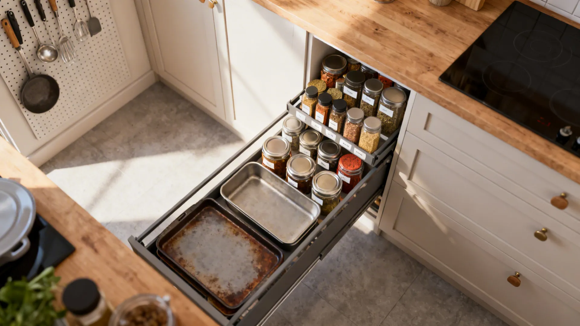 Slim pull-out pantry in a galley kitchen loaded with spices and tins for vertical organized storage