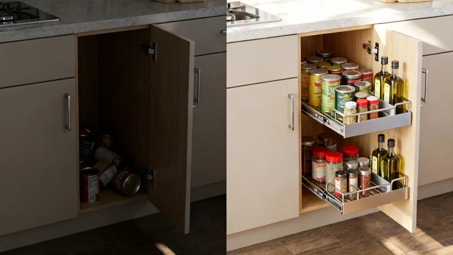 Before-and-after of a base cabinet transformed with two-tier pull-out organizers and side baskets.