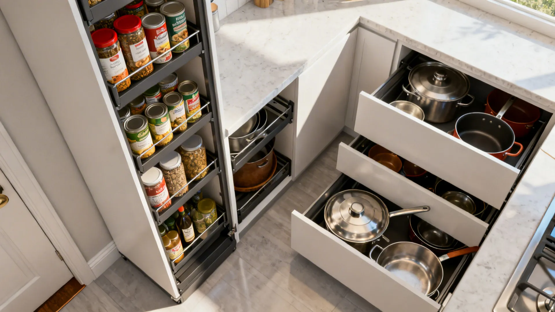 Top-down view of a pull-out pantry and open corner drawers organizing pots and dry goods in a small kitchen