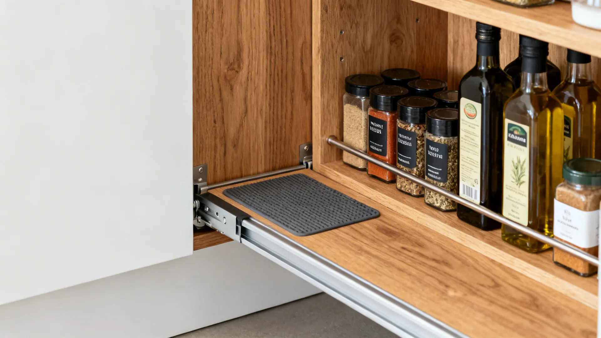 Close-up of a slim pull-out pantry with soft-close rails and organized spices on anti-slip mats.