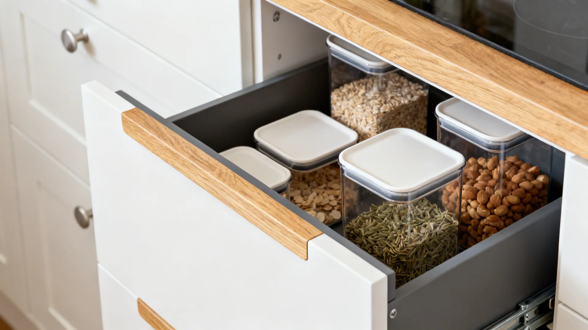 Macro detail of a deep pull-out pantry with organized containers and soft-close hardware.