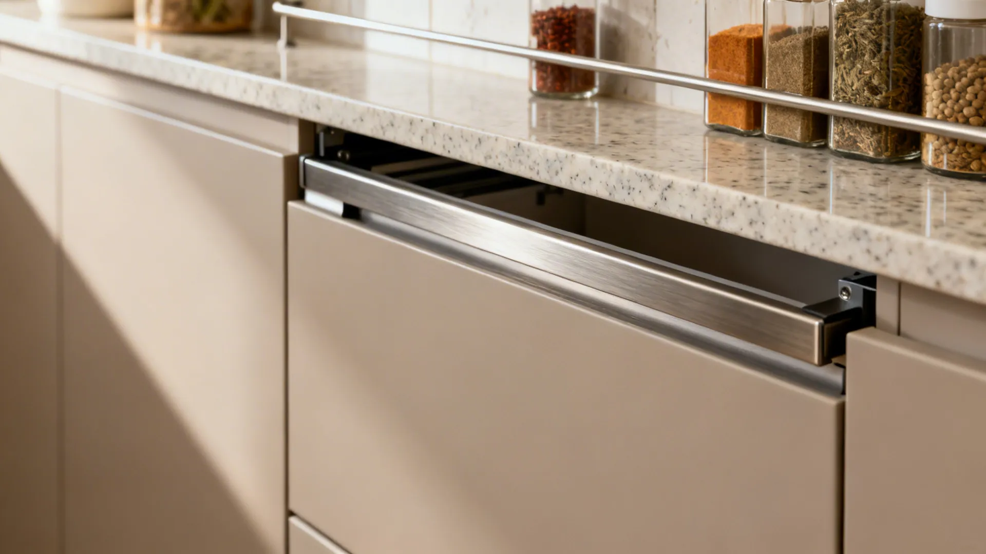 Macro of pull-out pantry hardware and thin quartz rail shelf in a matte kitchen cabinet.