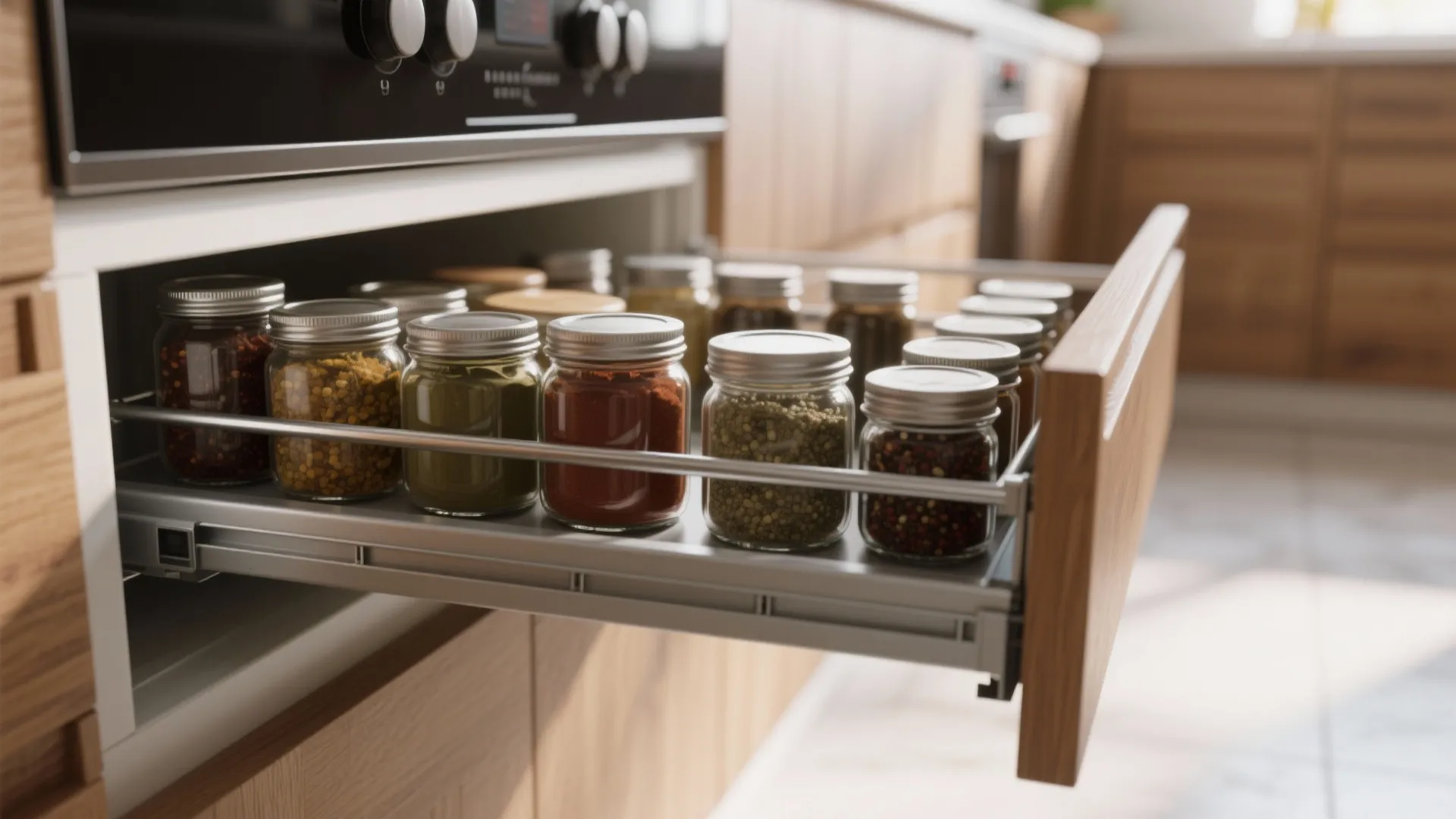 Close-up of pull-out kitchen pantry drawers with organized jars