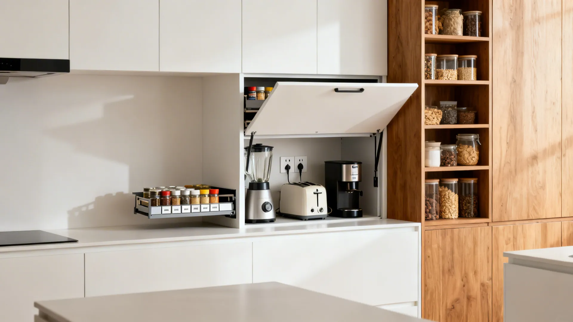 Slim pull-out pantry and an appliance garage with lift-up door organize a compact kitchen wall.