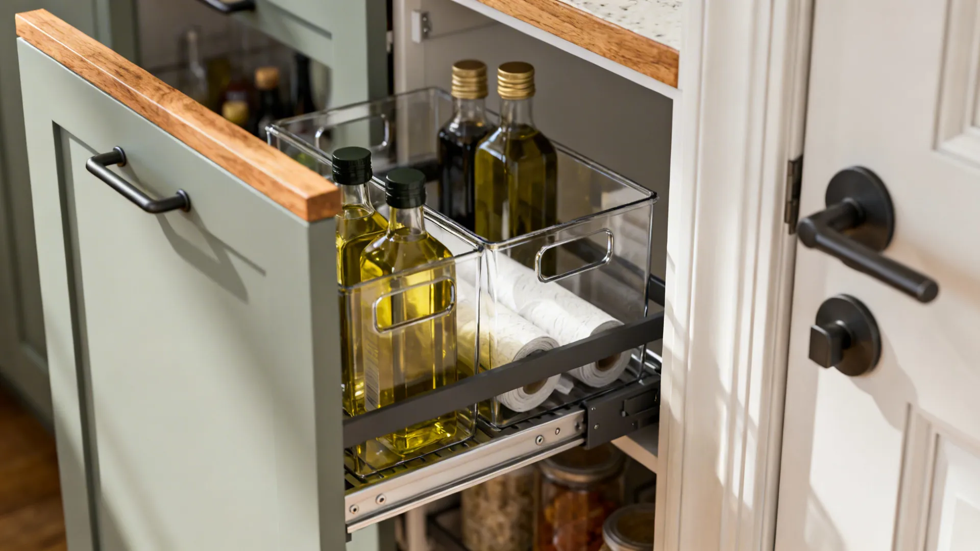 Macro of a 9-inch pull-out pantry near a door showing organized oils and wraps with soft-close slides.