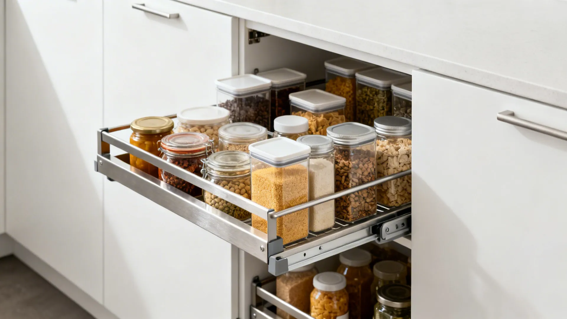 Macro of a pull-out pantry with neatly organized shelves in a matte white cabinet.