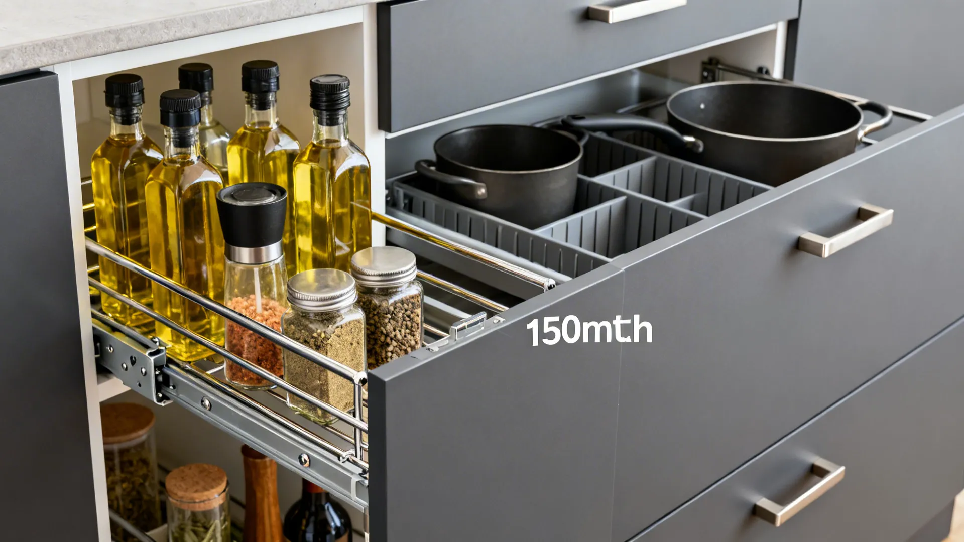 Close-up of a slim pull-out pantry with oils and spices on metal rails beside a deep drawer.