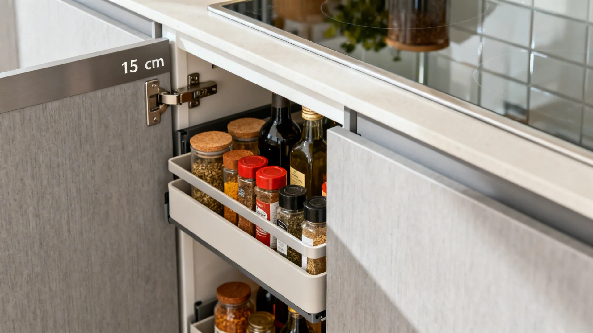 Macro of a slim pull-out pantry with adjustable trays holding spices and oils in a small kitchen.