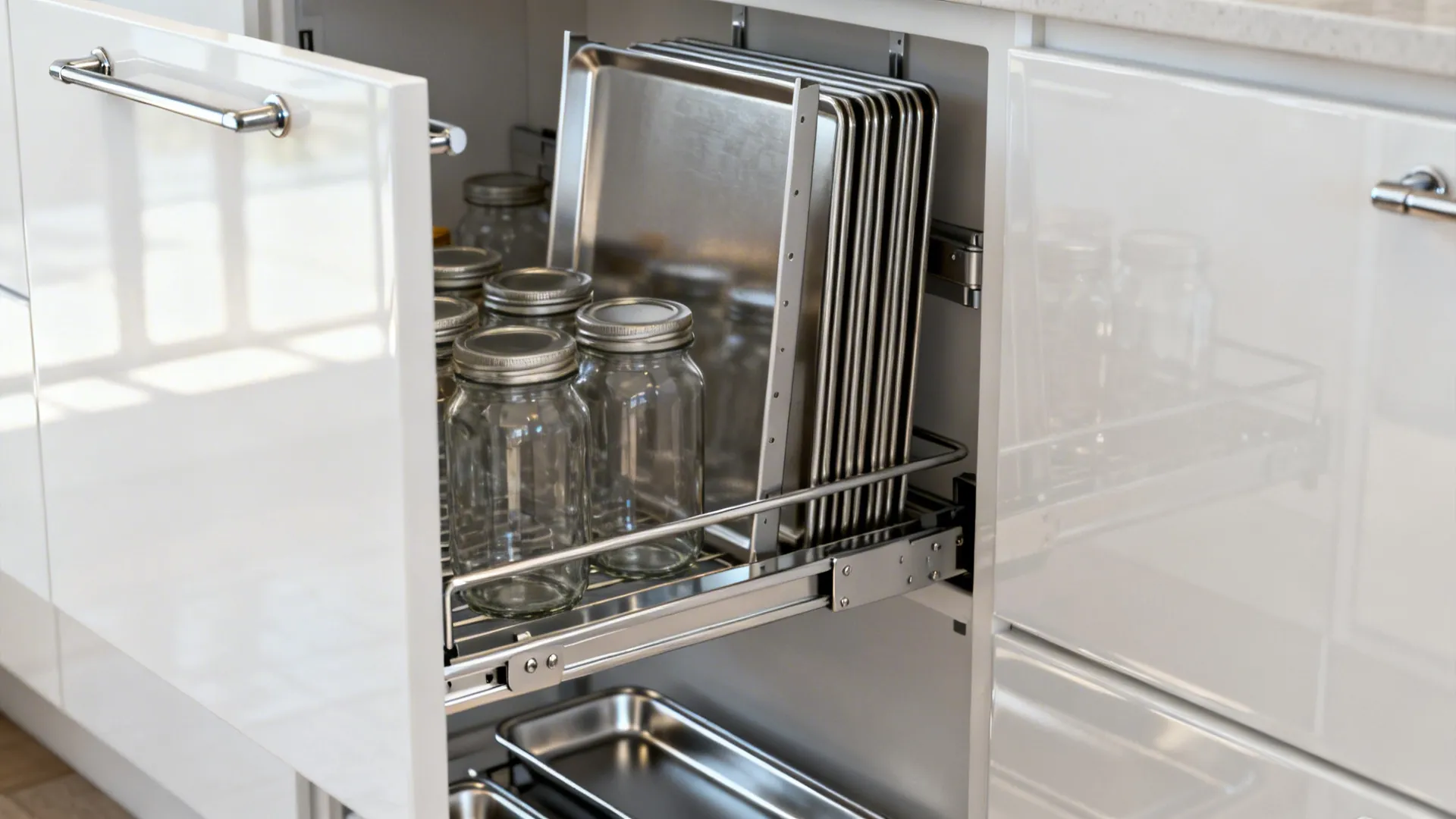 Close-up of a smooth pull-out pantry with organized storage inside a gloss cabinet.