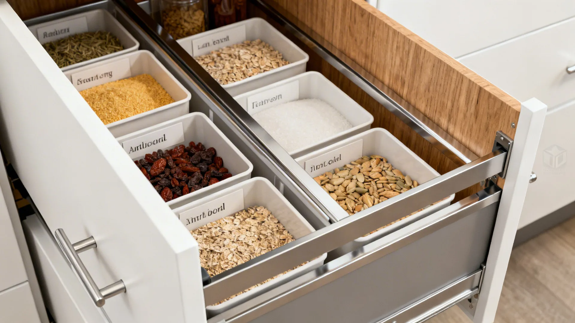 Close-up of an open pull-out pantry with organized dry goods and oak interior.