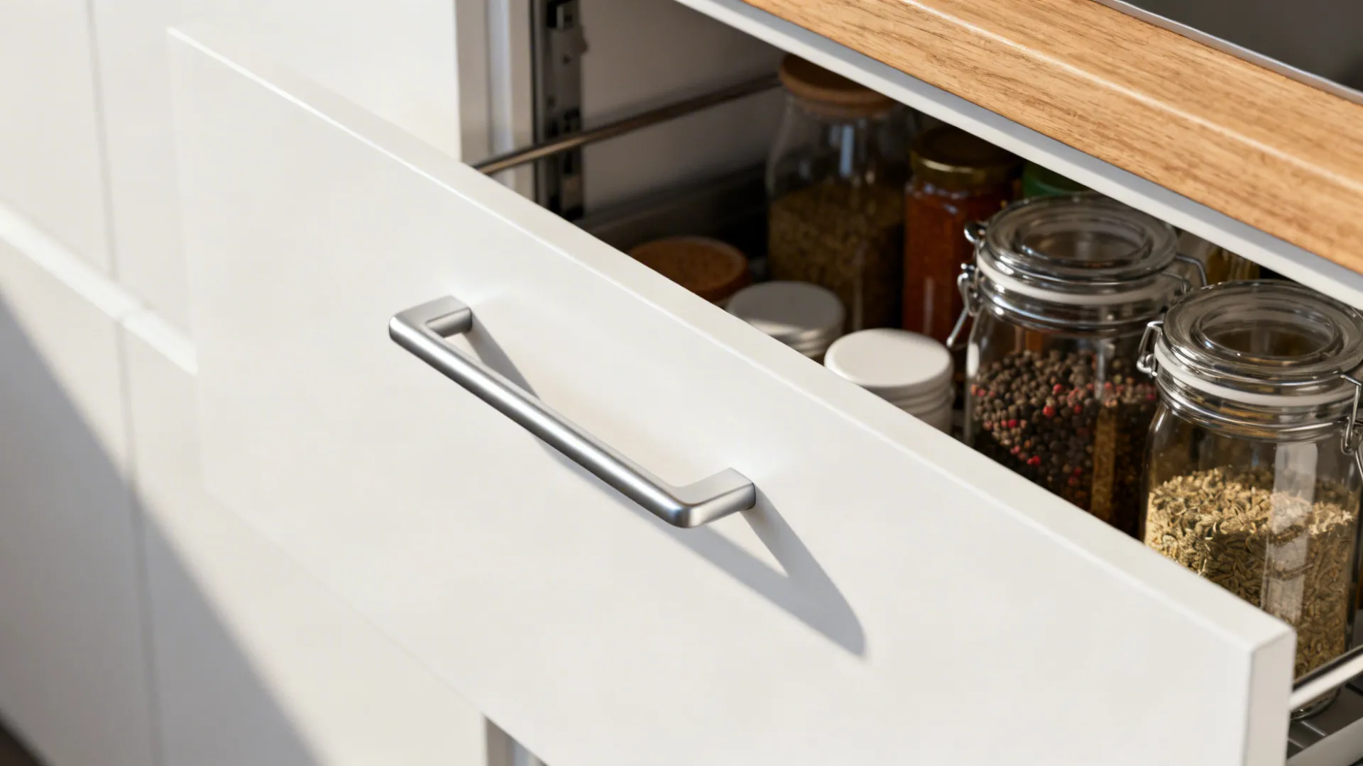Open white kitchen drawer with silver handle holding glass jars filled with various seeds spices