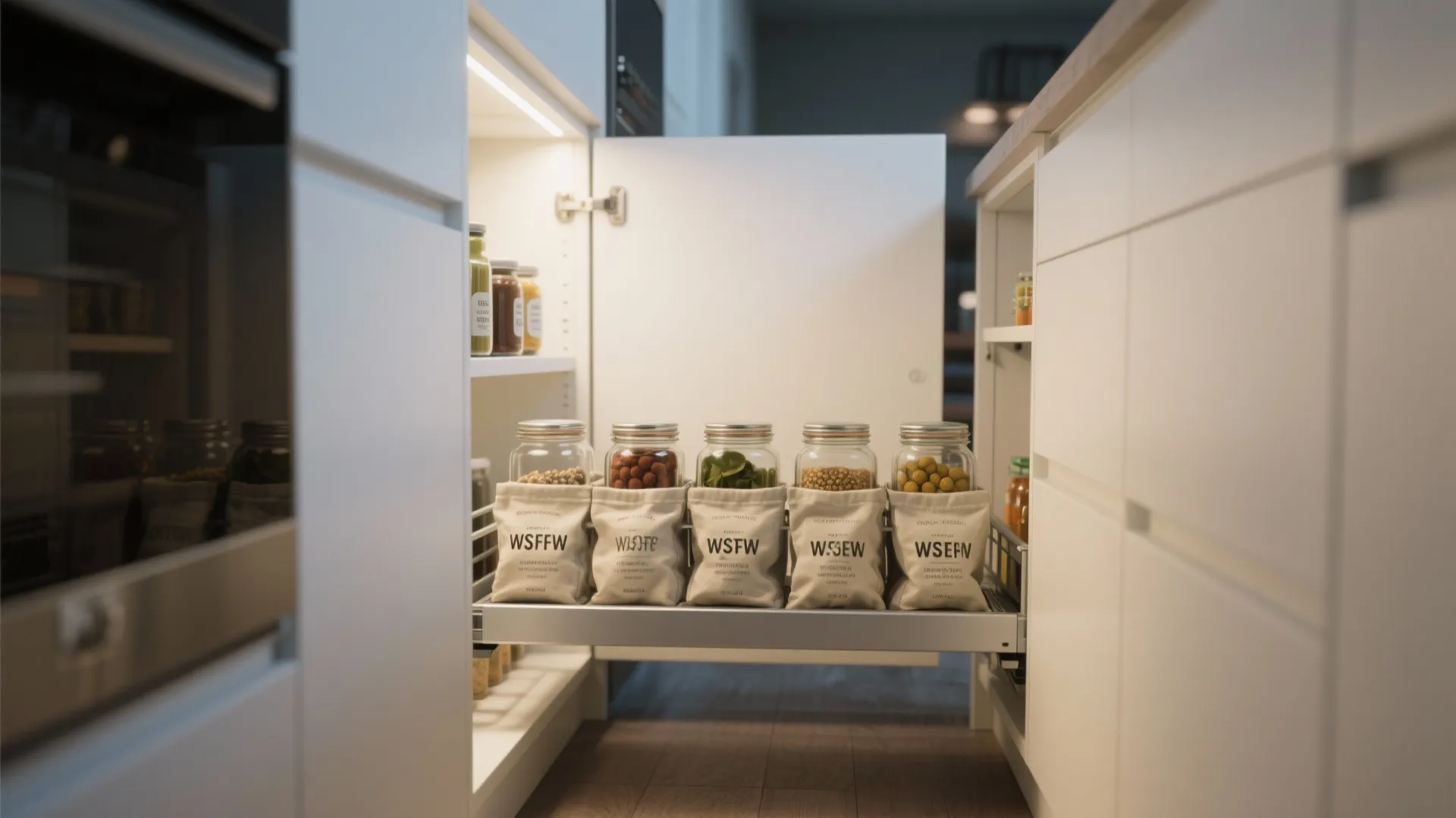 Modern white kitchen cabinet with pull out metal drawer holding glass jars and spice bags