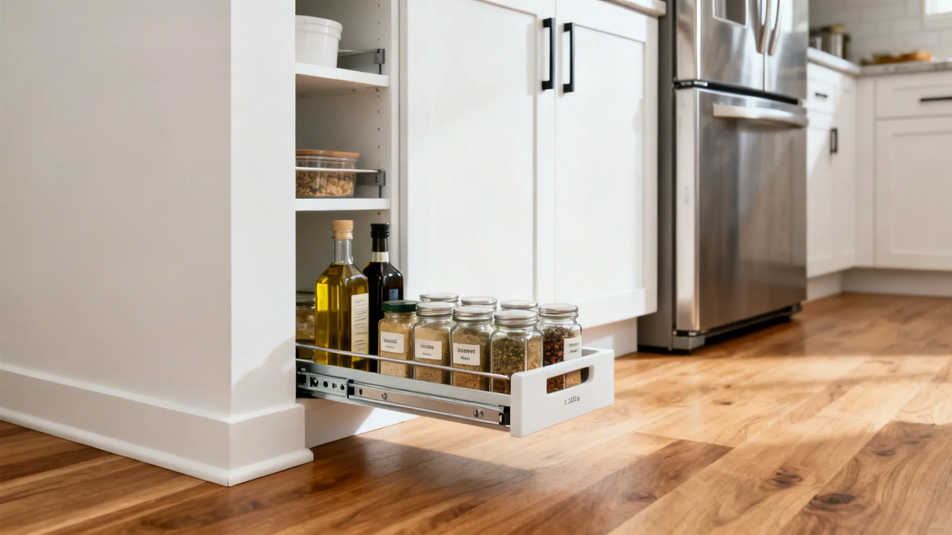 Slim pull-out pantry beside a fridge with spices and oils neatly organized.