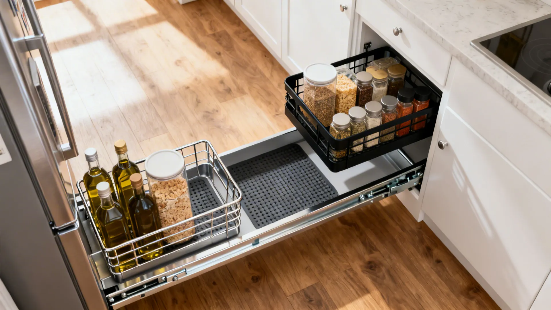 Top-down view of a narrow pull-out pantry with baskets and full-extension slides.