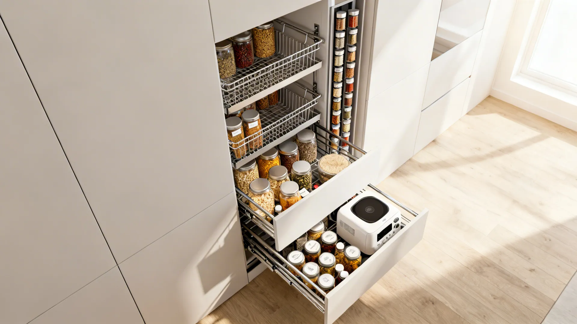 Top-down view of a 600 mm tall pantry with full-extension pull-outs and spice column.