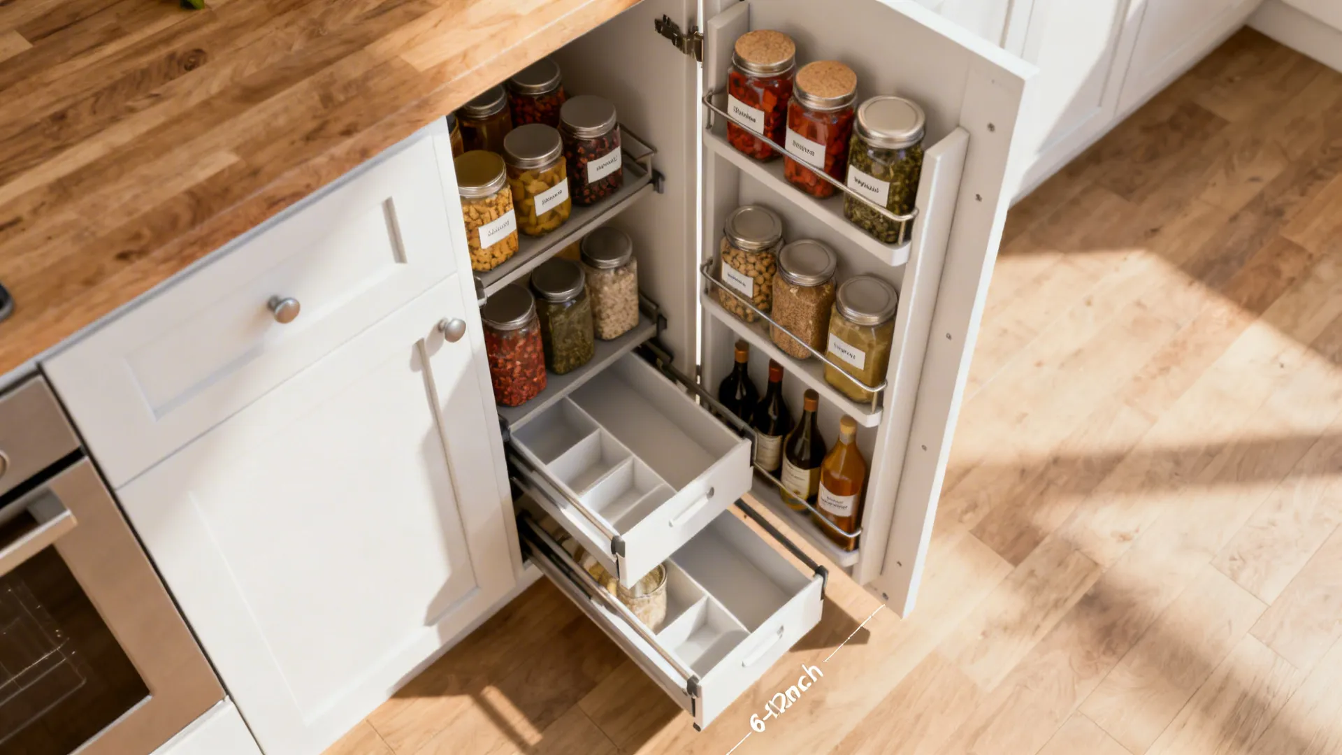 Top-down view of a slim pull-out pantry with vertical organizers in a small kitchen