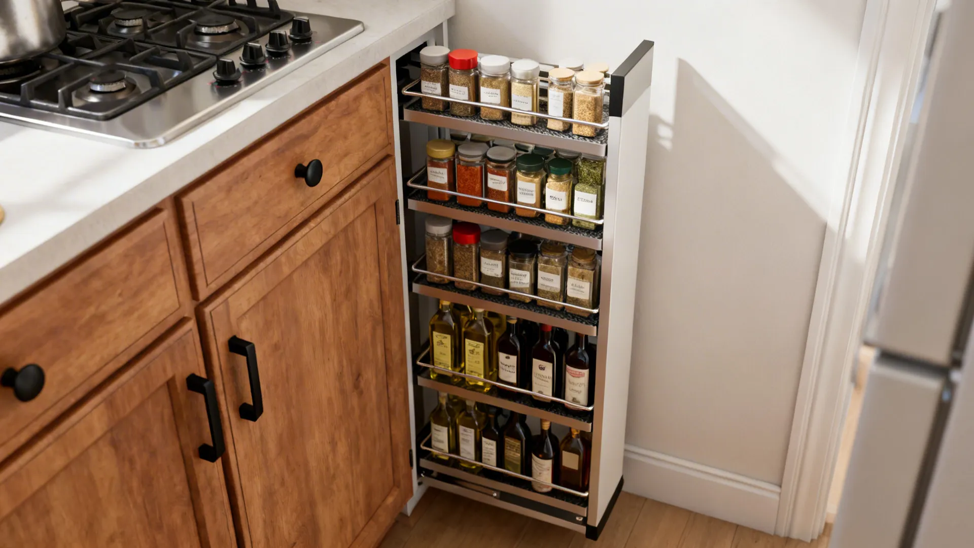 Narrow pull out cabinet next to stove filled with spice jars and glass oil bottles