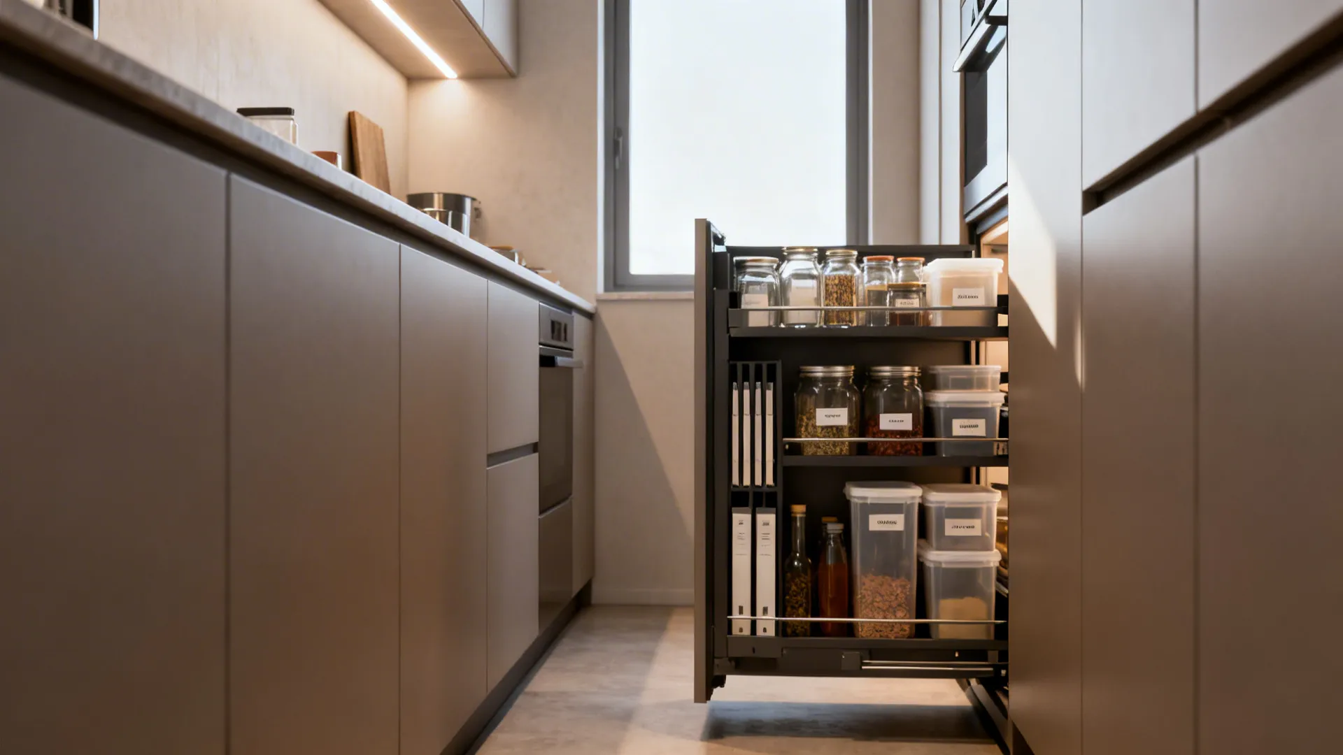 Narrow pull-out pantry extended in a small kitchen showing organized jars and vertical storage.