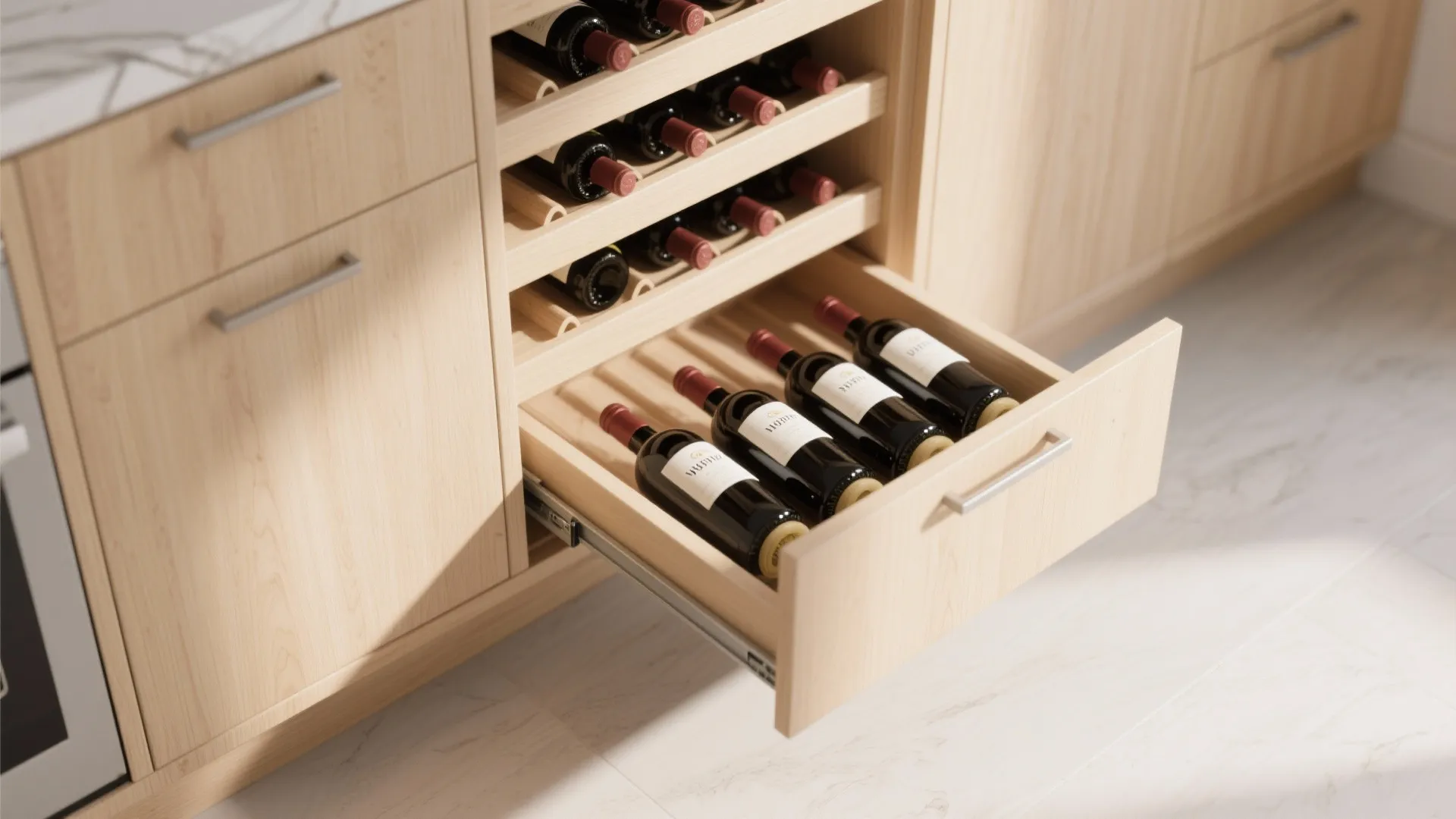 Wooden kitchen cabinet with a pull out drawer holding several glass wine bottles for home storage