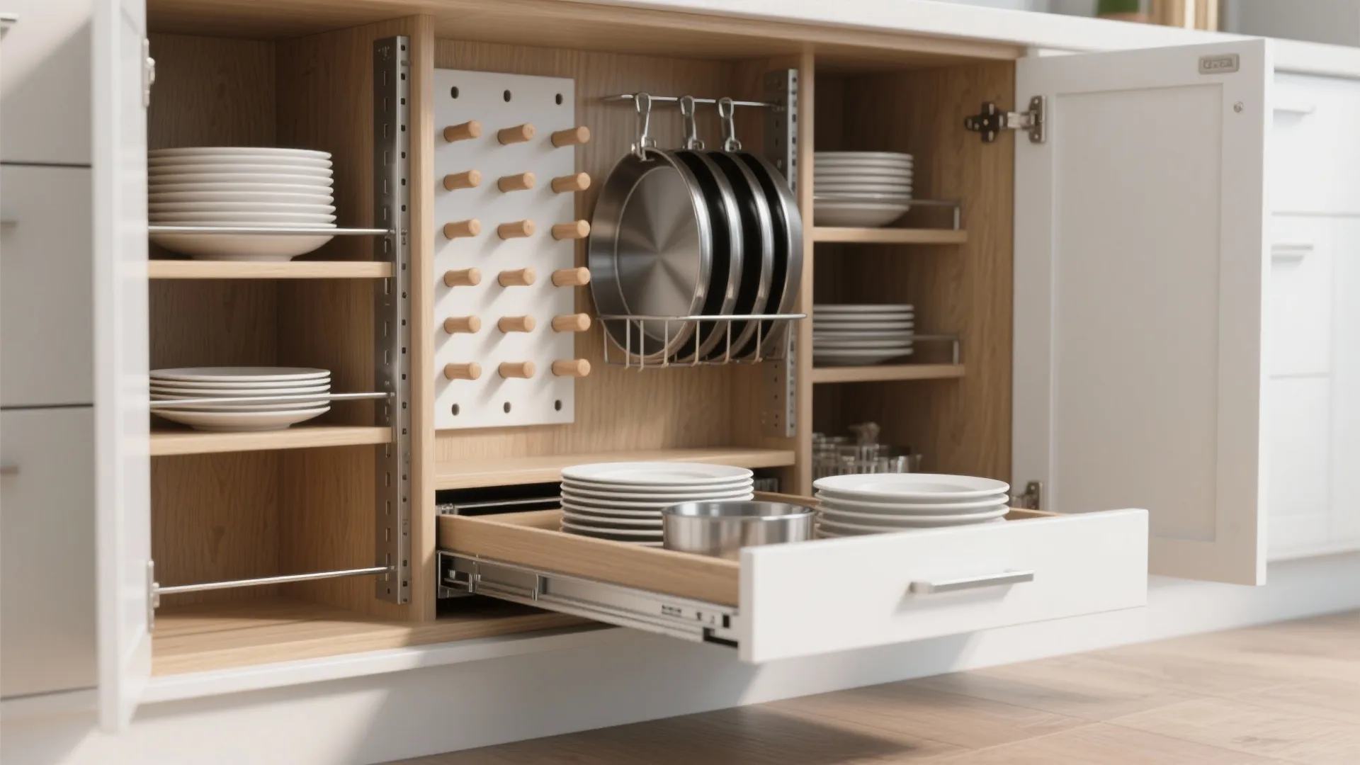 1. Pull-out pegboard organizer for plates and cookware