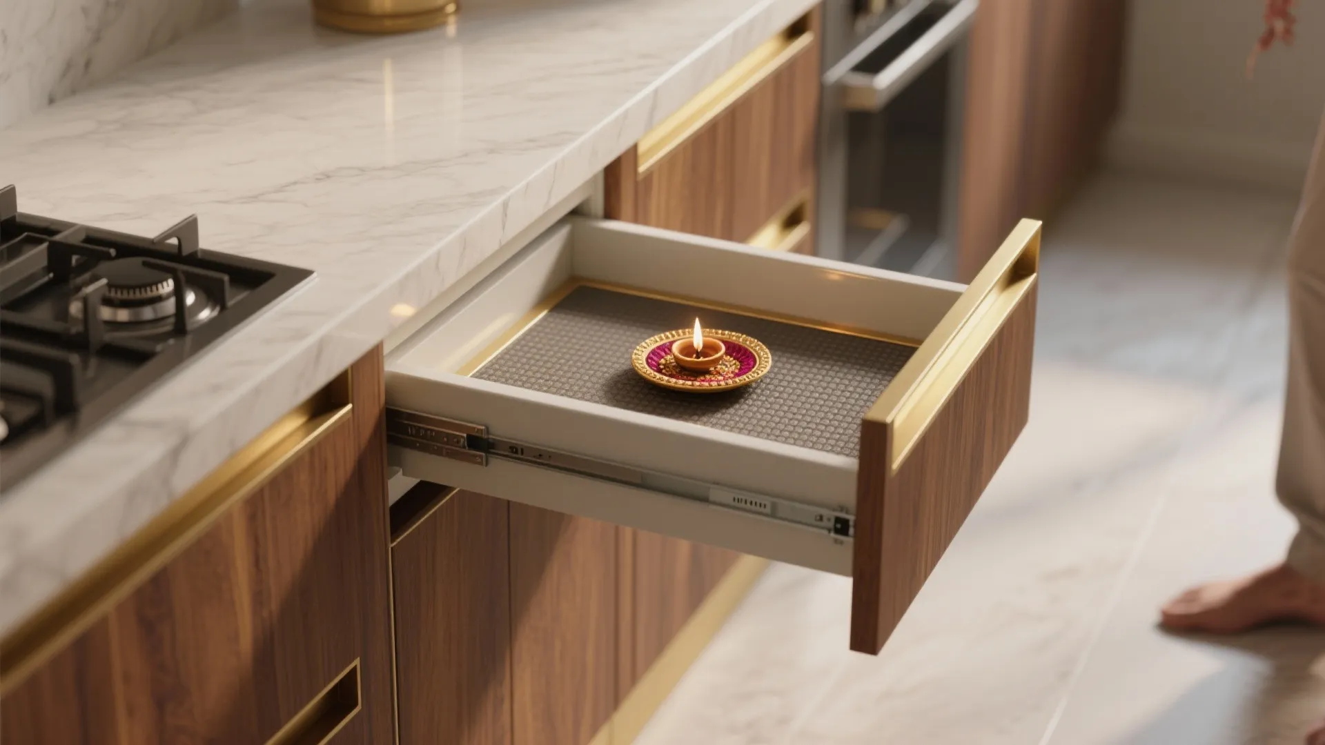 An Island-End Pull-Out Pooja Drawer