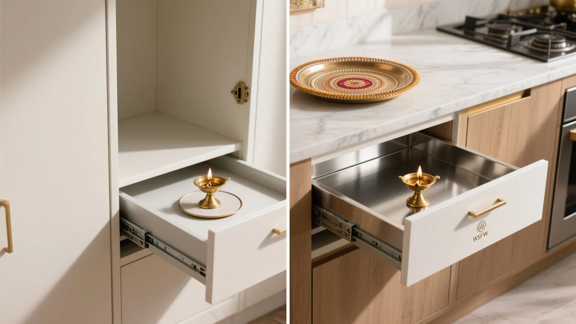 Pull-out kitchen drawer with brass oil lamp lit on a white marble surface inside cabinet