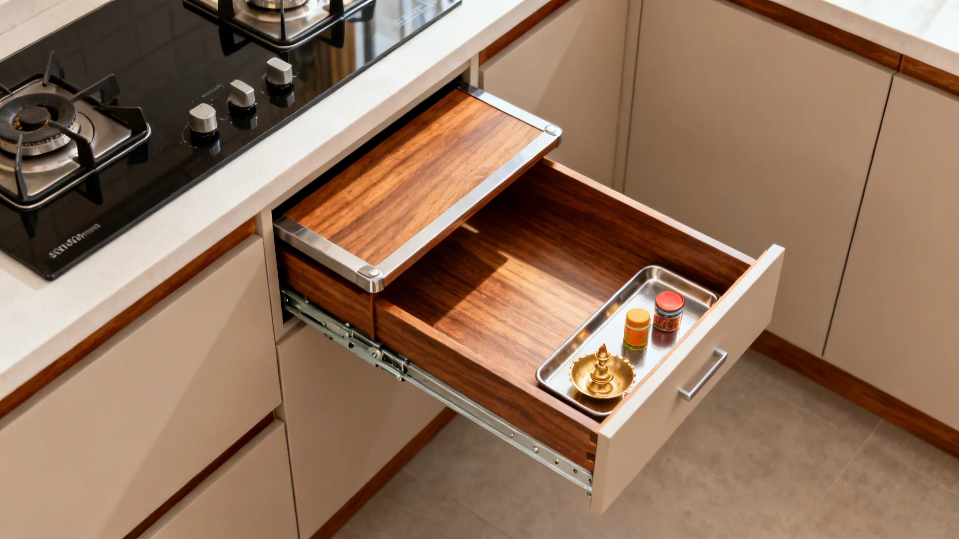 Top-down view of a pull-out pooja drawer with a fold-down aarti platform and protected edges.