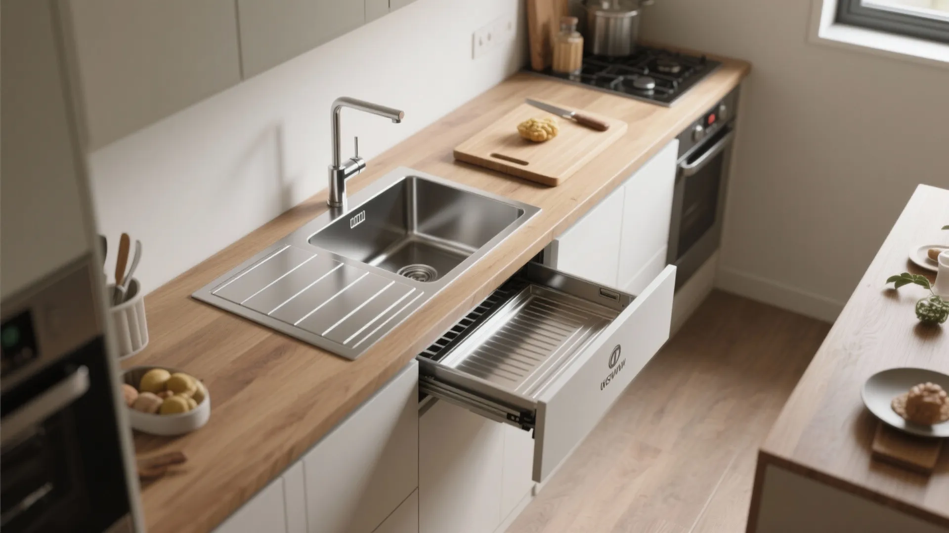 Modern kitchen with wood countertop featuring a stainless steel sink and an open storage drawer