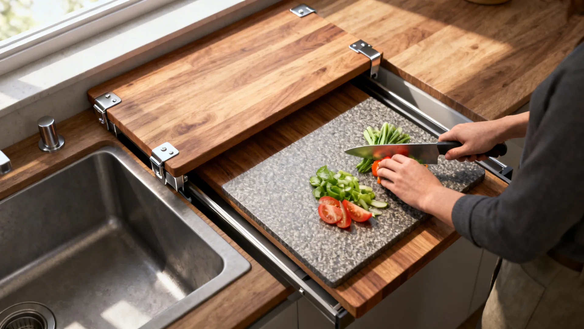 Pull-out butcher block prep surface extended beside a sink in a narrow kitchen for extra workspace.