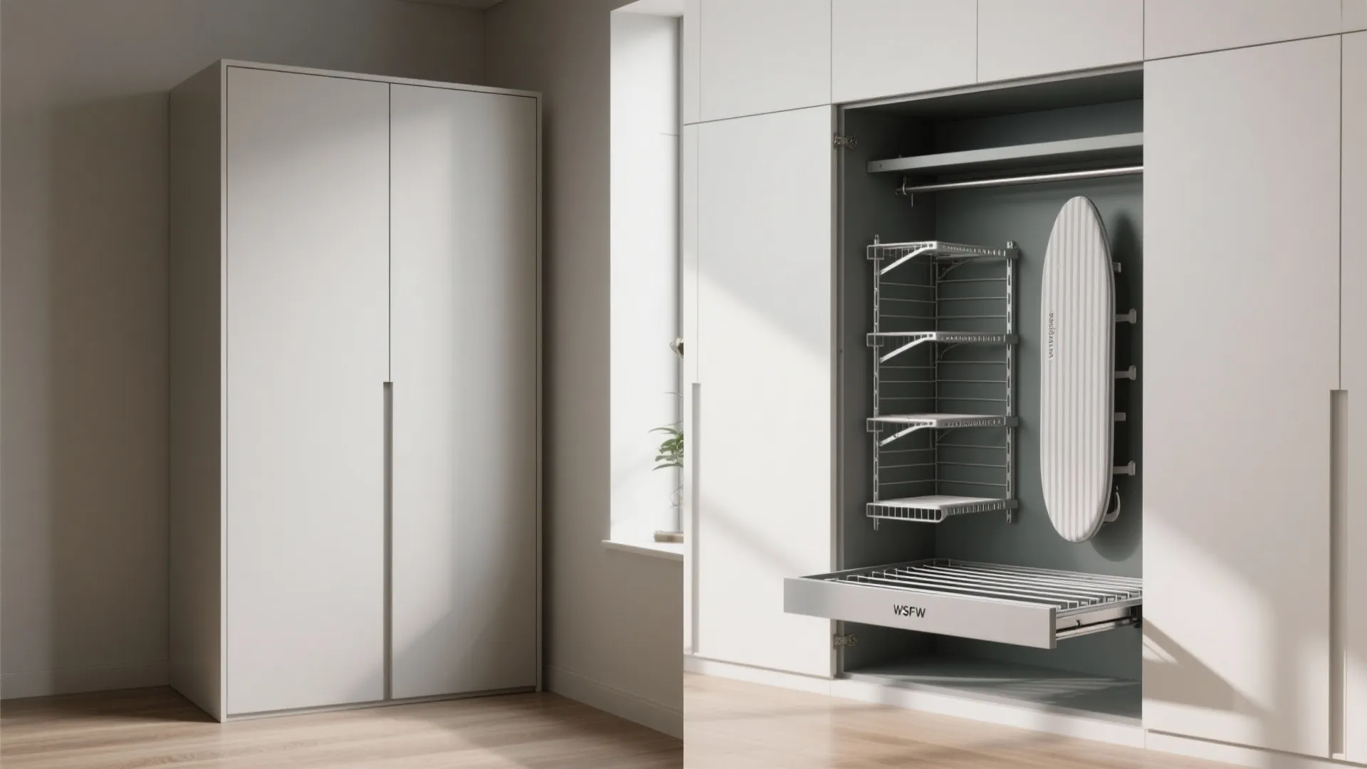 Modern white wardrobe design featuring interior organization with metal shelves and a hidden ironing board