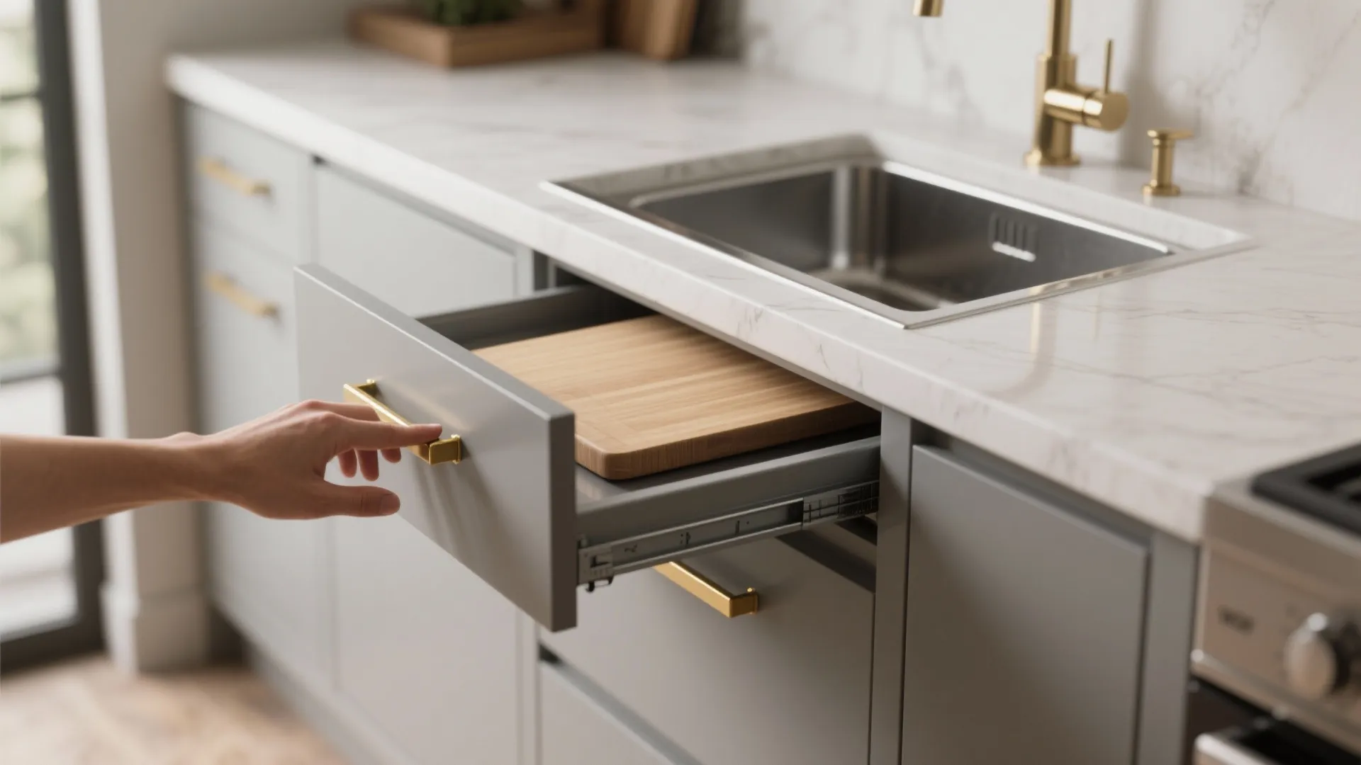 Pull-out drawer front with a narrow brass rail used as a towel holder in a small kitchen.